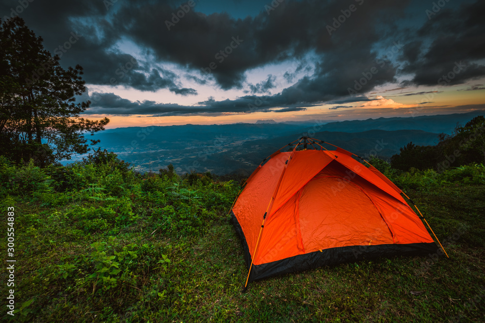 Tourist tent in the camp among the grasslands in the mountains of Thailand.