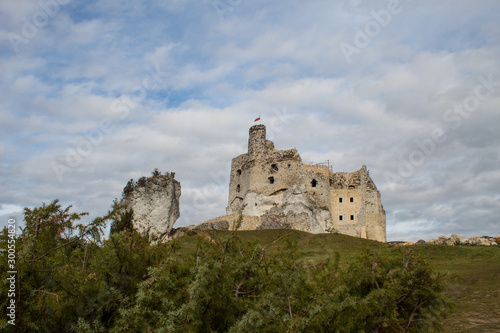 The ruins of a medieval European castle against the backdrop of a rocky ridge, blue sky, coniferous forest and green meadows.