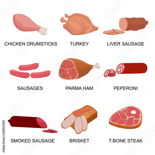 Set of meat products. Chicken drumstick and turkey, liver sausage, peperoni and parma ham, brisket and t-bone steak