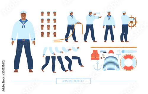 Navy Sailor Character Constructor Flat Vector Set