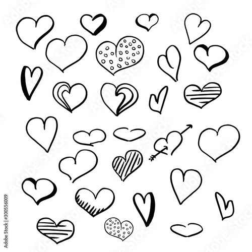 Hearts doodle set. Collection of hand drawn careless hearts. Black isolated on a white background. Vector illustrations.