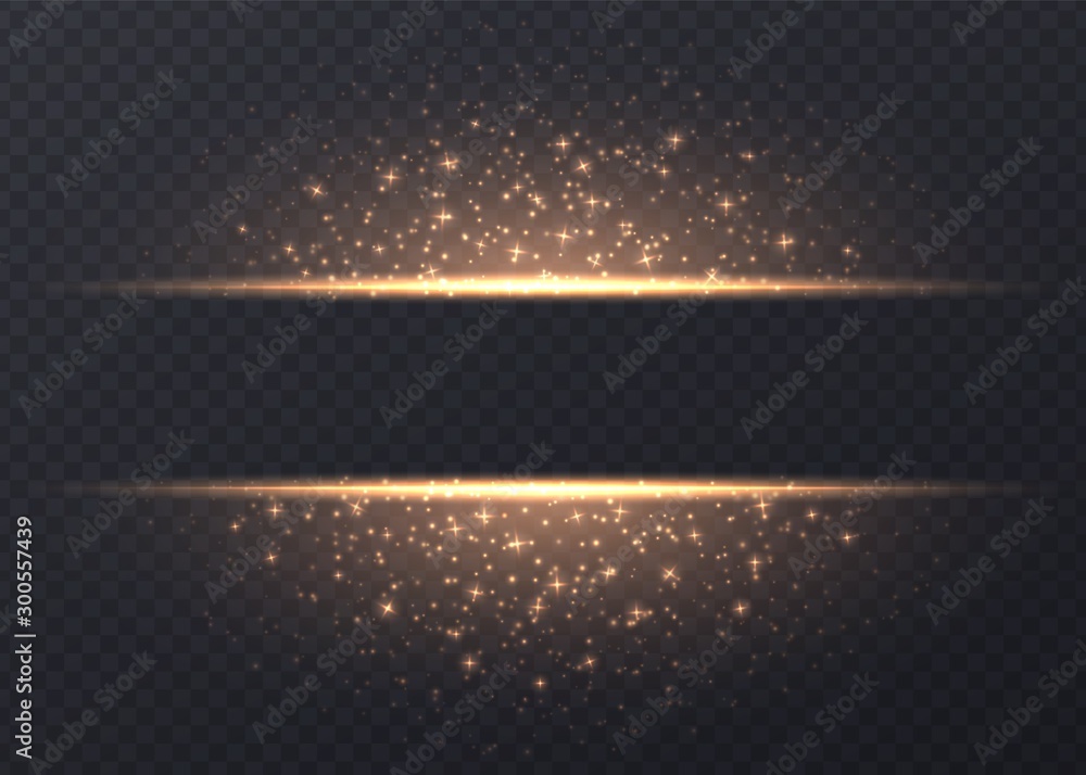Lines with stars and sparkles isolated on transparent background. Golden luminous background with dust and glares. Glowing vector light effect.