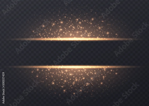 Lines with stars and sparkles isolated on transparent background. Golden luminous background with dust and glares. Glowing vector light effect.