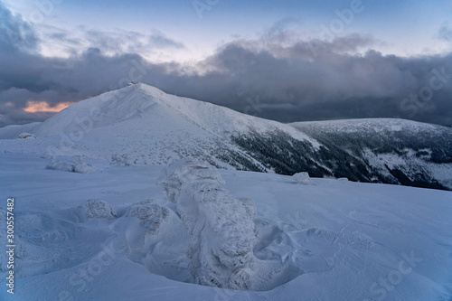Winter scene of peak of the Snezka in the Krkonose Mountains, Czech Republic.