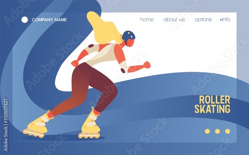 Young woman riding roller skates. Landing page template or banner drawn with bright colors and blue wave. Vector concept illustration