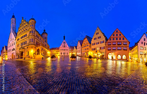 Main square  Marktplatz or Market square  of medieval German town of Rothenburg ob der Tauber evening panoramic view.