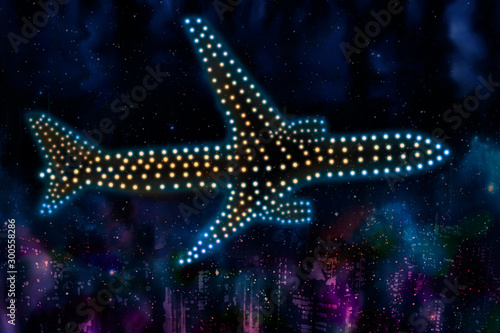 Christmas holiday travel vacation concept. Aircraft silhouette from glowed dot lights above skyscrapers of big city at snowing night. Illustration of journey by aviation transport