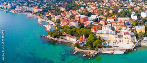 Fototapeta Naklejka Na Ścianę i Meble -  Town of Opatija and Lungomare sea walkway aerial panoramic view