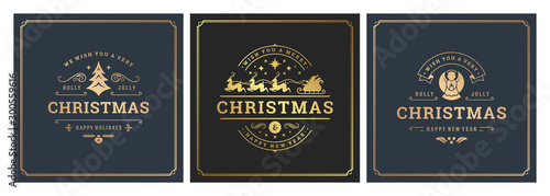 Christmas square banners vintage typographic design, ornate decorations symbols vector illustration