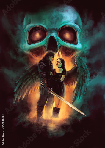 fantasy scene - standing man with sword and young woman with wings, fiery glow and skull in background - original illustration of fictional characters