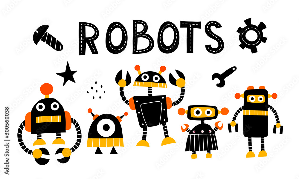 Cartoon robots with lettering, decor elements. vector illustration. Hand drawing for children. baby design for print on t-shirt, card, wall decoration Cartoon robots with lettering, decor elements. vector illustration. Hand drawing for children. baby design for print on t-shirt, card, wall decoration