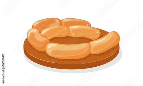 Boiled or smoked fat wieners on brown tray. Sausages cooked for breakfast, lunch. Farm product from ground meat of pork, beef, chicken, veal. Vector cartoon illustration isolated on white backround.