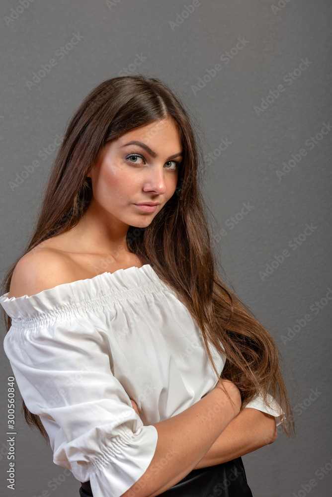 Emotional young woman portrait on dark background - image Emotional young woman portrait on dark background - image