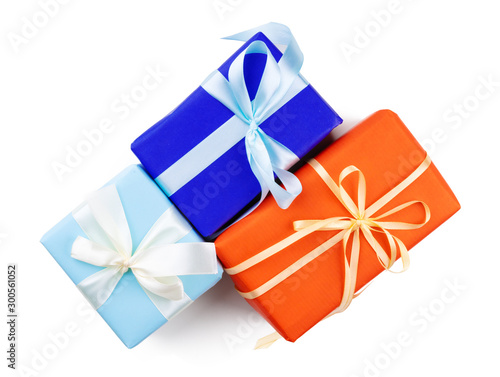 Top view of three beautiful  gifts isolated on white background