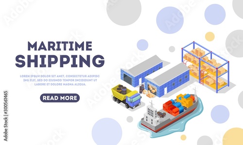 Maritime delivery landing page template. Shipping, logistic, distribution, export, transportation concept for web. Main stages of goods storage and carriage. Vector isometric. Place for text.