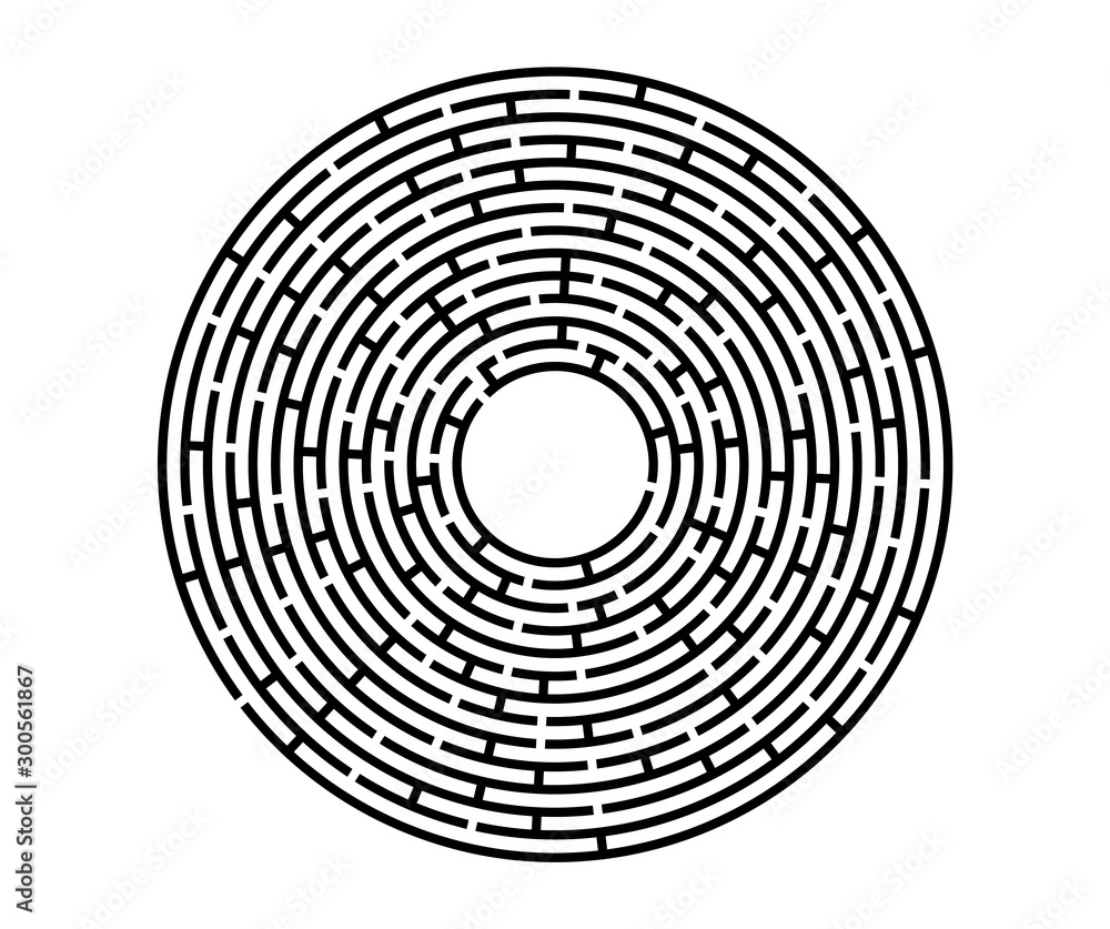 Black vector labyrinth in flat style on an isolated white background. Round maze puzzle. A game for the of logic, intelligence, find the way exit from the circle. Black vector labyrinth in flat style on an isolated white background. Round maze puzzle. A game for the of logic, intelligence, find the way exit from the circle.