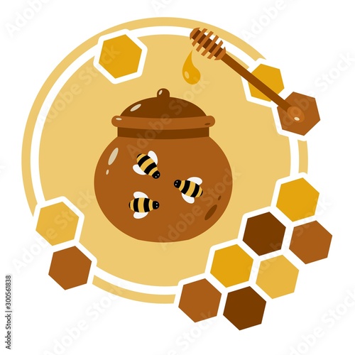 Honey set in flat style with elements bee, honey, honeycomb and jar