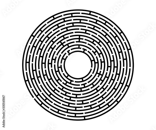 Black vector labyrinth in flat style on an isolated white background. Round maze puzzle. A game for the of logic, intelligence, find the way exit from the circle.