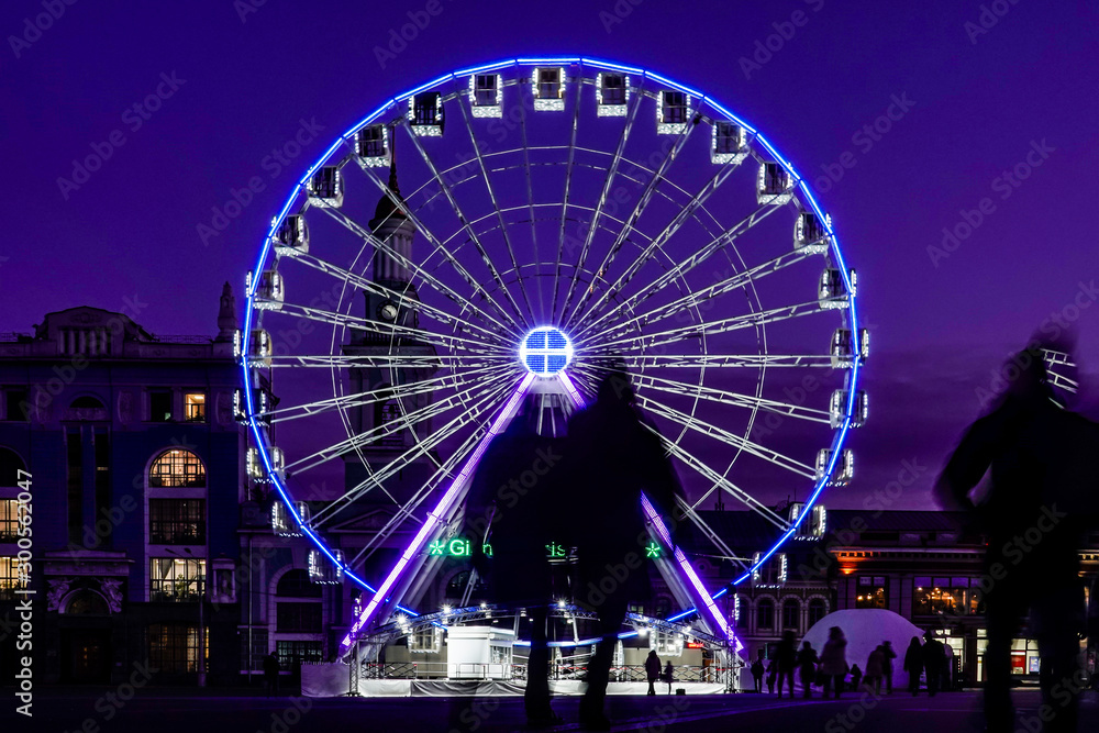 Kiev, Ukraine A ferris wheel at night in the Podil section of town.