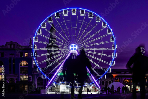 Kiev, Ukraine A ferris wheel at night in the Podil section of town.