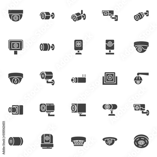 Fototapeta Naklejka Na Ścianę i Meble -  CCTV camera vector icons set, modern solid symbol collection, filled style pictogram pack. Signs, logo illustration. Set includes icons as security camera control, webcam, spy cam, dome surveillance