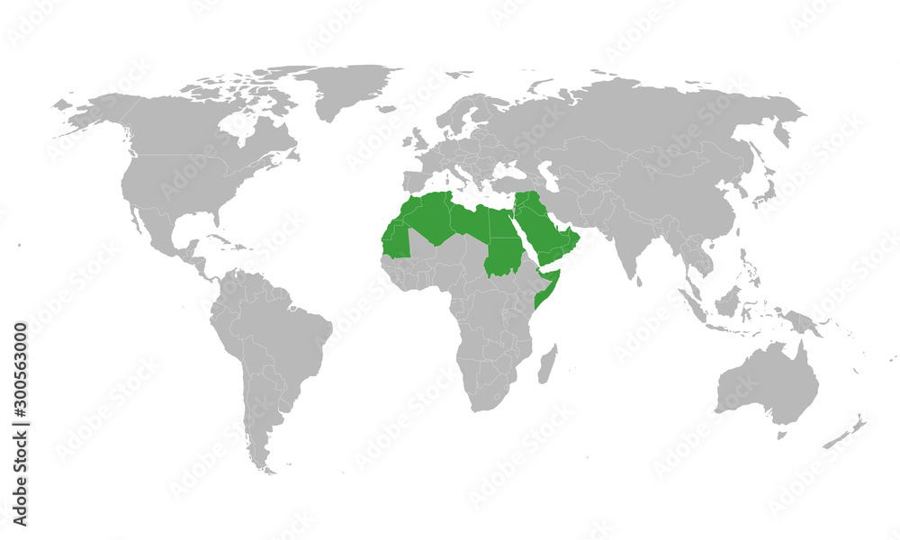 Arab world political map highlighted in green color vector