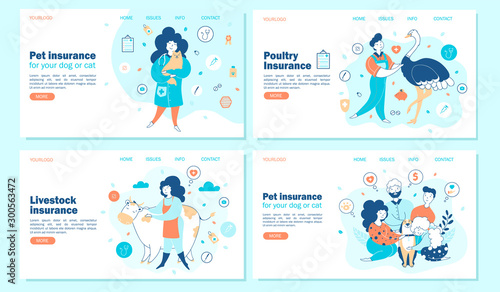 Domestic animals insurance vector landing page templates set