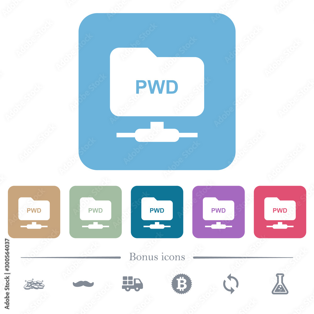 FTP print working directory flat icons on color rounded square backgrounds