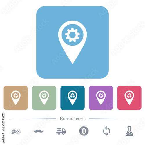 GPS map location settings flat icons on color rounded square backgrounds