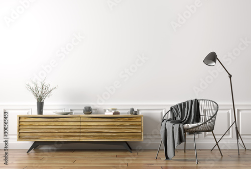 Interior of living room with armchair and wooden sideboard 3d rendering
