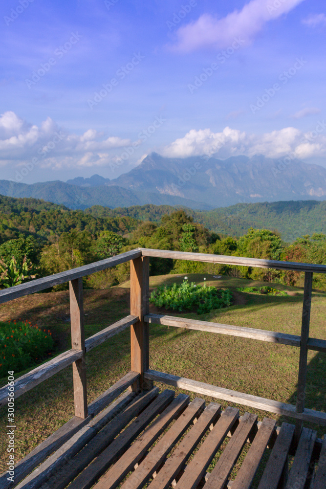 wood balcony terrace with mountain view in morning