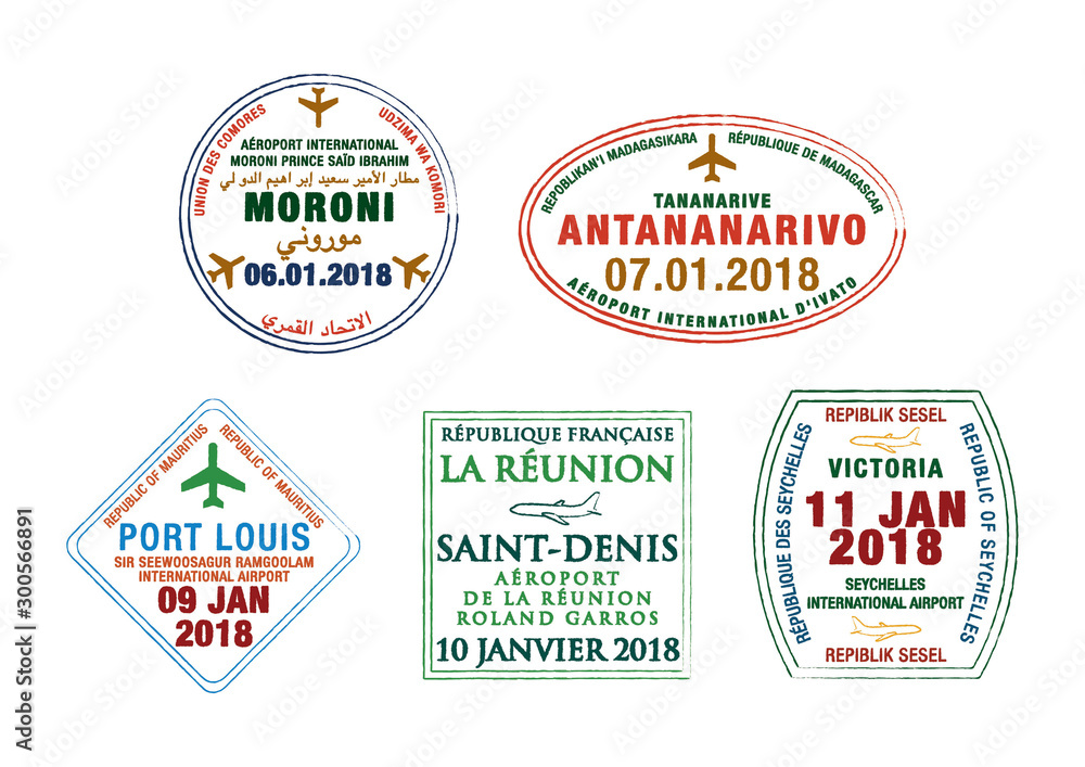 Set of stylised passport stamps for airports of Madagascar, Seychelles, Comoros, Réunion and Mauritius in vector format.