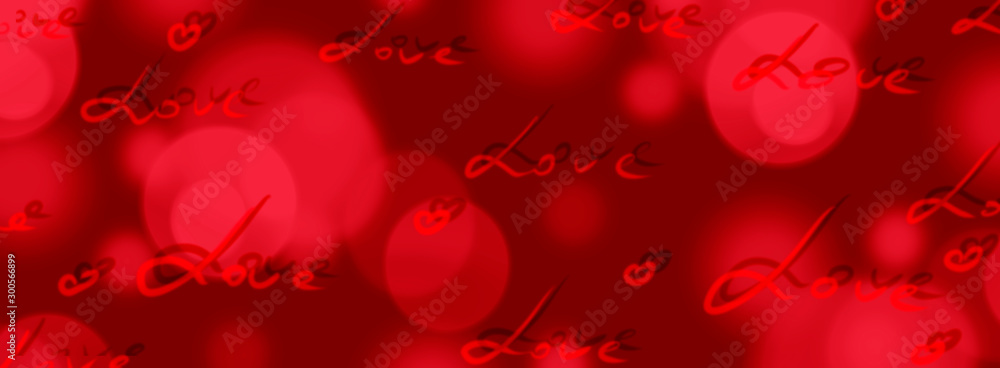 Romantic background for Valentine's day. Lettering Love and hearts on a red background with blurry bokeh.