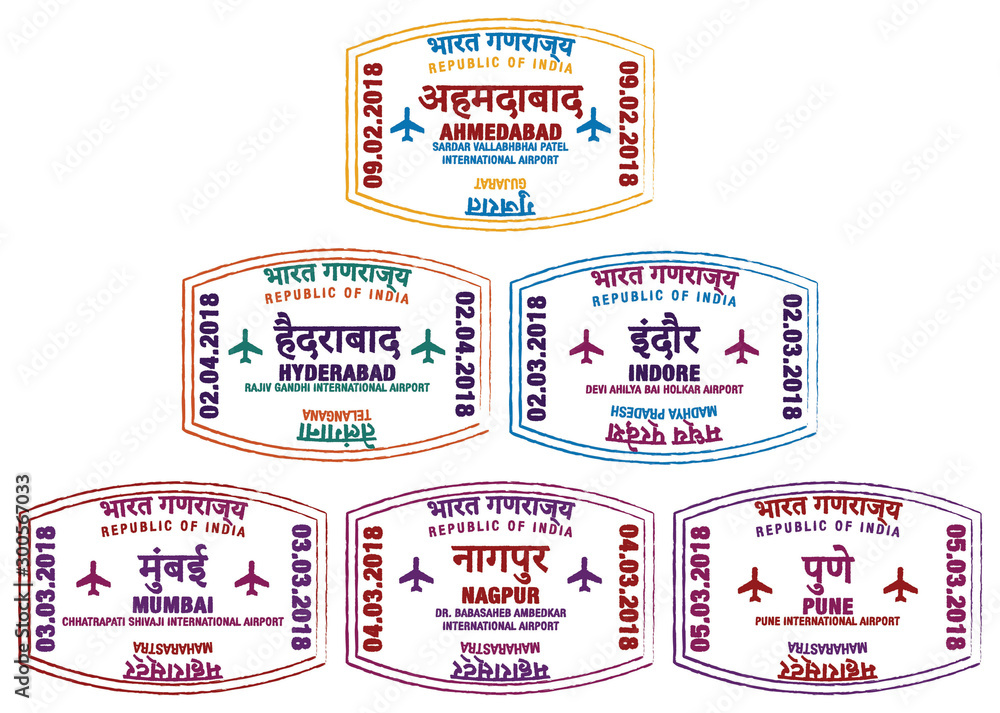 Set of stylised passport stamps for major airports of western India in vector format.