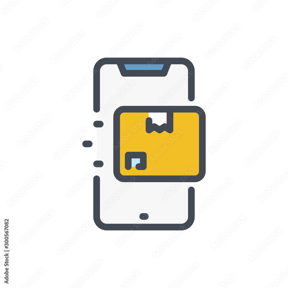 Online delivery color line icon. Mobile phone with box on display vector outline colorful sign. Online delivery color line icon. Mobile phone with box on display vector outline colorful sign.