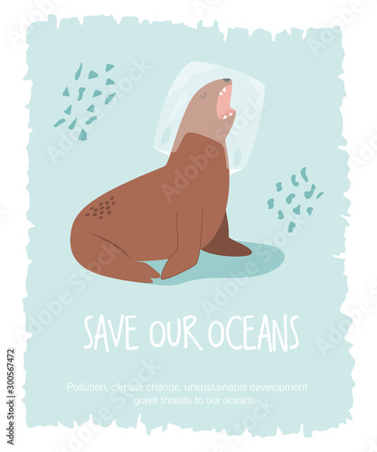 Eco poster with sea lion. Stop plastic pollution.