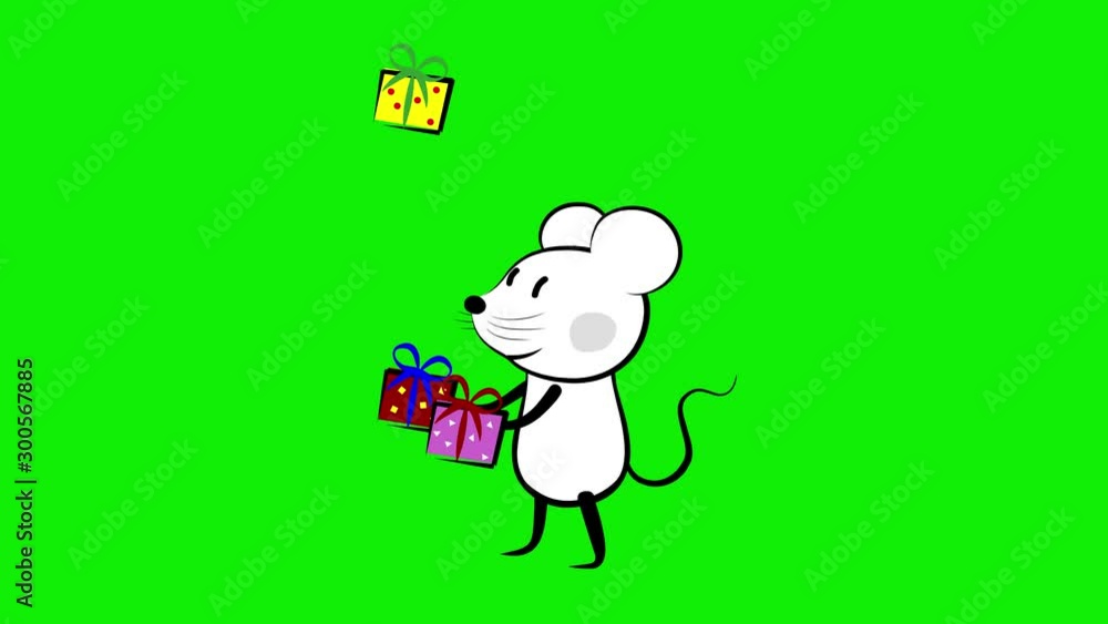 Mouse rat juggling new year presents green screen
