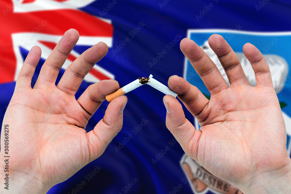 Falkland Islands quit smoking cigarettes concept. Adult man hands breaking cigarette. National health theme and country flag background. Falkland Islands quit smoking cigarettes concept. Adult man hands breaking cigarette. National health theme and country flag background.