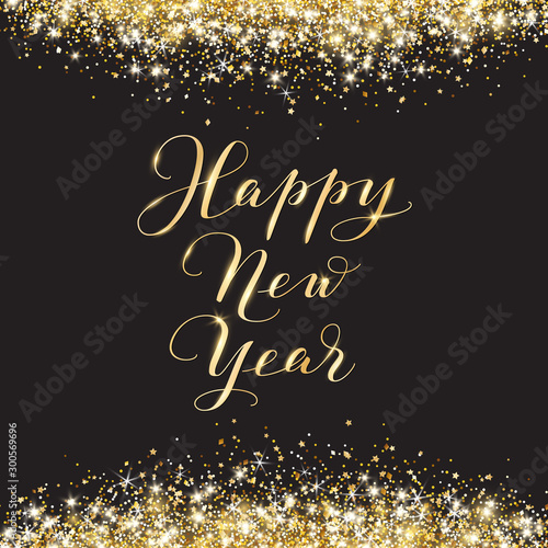 Merry Christmas and New Year card design. Gold glitter decoration on black background
