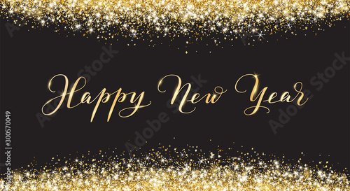 Merry Christmas and New Year card design. Gold glitter decoration on black background
