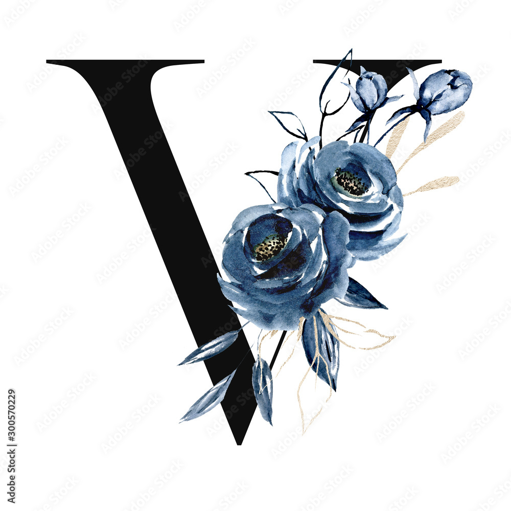 Floral alphabet, letter V with watercolor navy blue flowers and ...