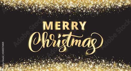 Merry Christmas and New Year card design. Gold glitter decoration on black background