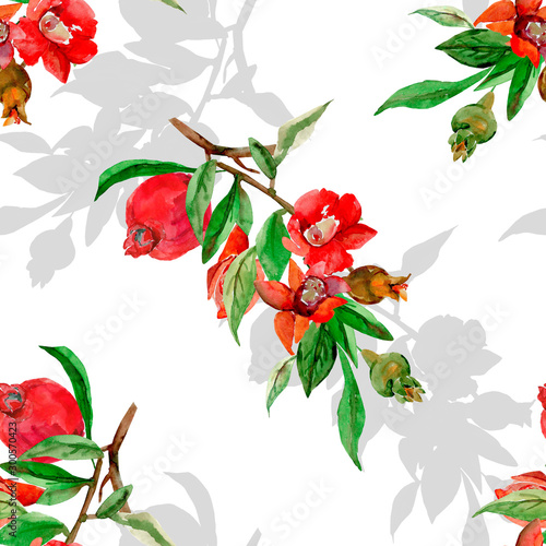 Seamless pattern of pomegranate branches.Watercolor illustration on white and color background.