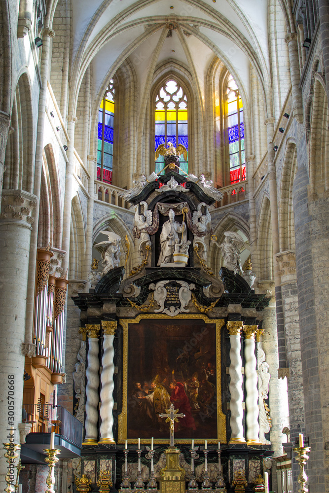 Altar in the interior of Saint Nicholas Church (Sint-Niklaaskerk) in Ghent, Belgium
