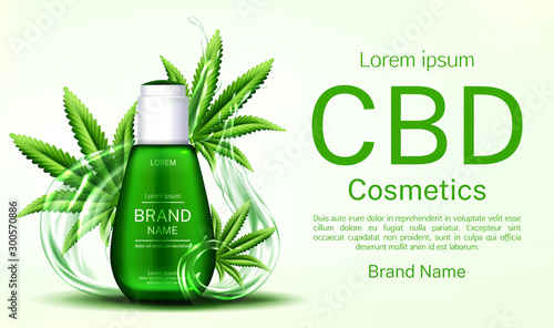 Cbd cosmetics bottle with water splashes and cannabis leaves web banner mockup, glass tube with hemp cannabinoid extract. Legal marijuanna weed thc cosmetic product. Realistic 3d vector illustration