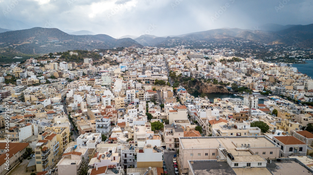Aerial view to Agios Nikolaos, town on Crete island in Greece.