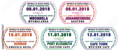 Set of stylized passport stamps for major South African airports in vector format.