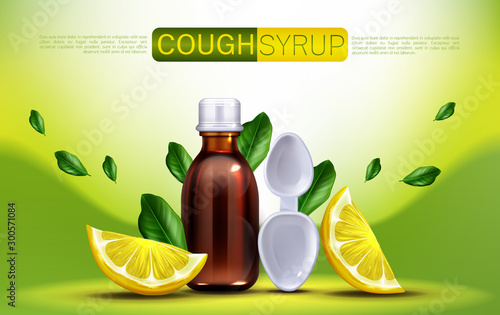 Cough syrup with lemon flavour banner mock up. Brown glass blank bottle and spoon with citrus slices and green leaves, flu remedy package design for medical promo ads. Realistic 3d vector illustration