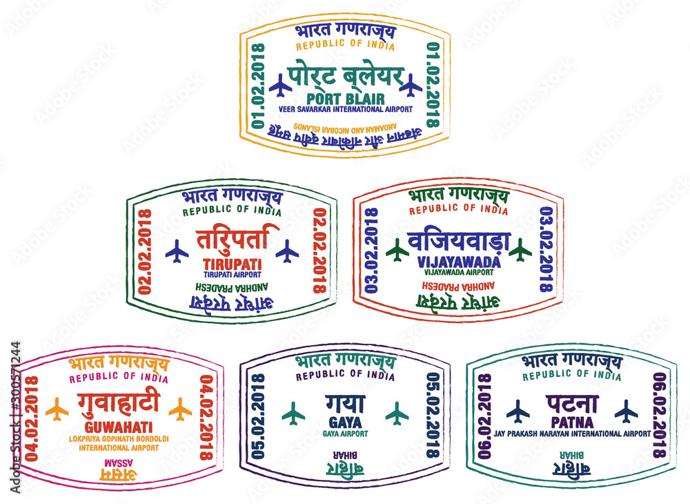 Set of stylised passport stamps for major airports of eastern India in