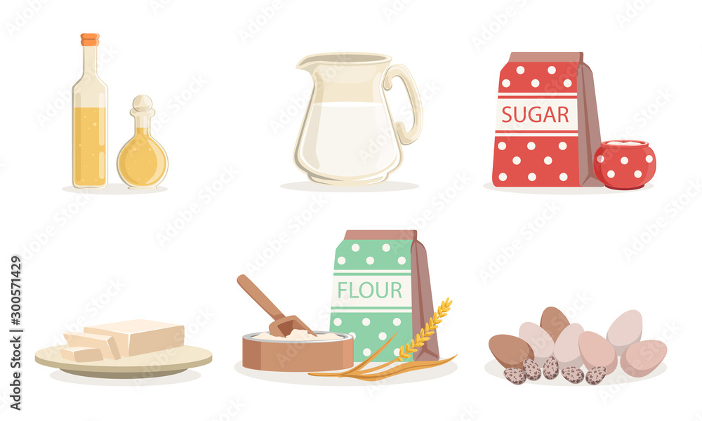 Ingredients For Cooking Pancakes Or Baking Vector Illustration Set Isolated On White Background - obrazy, fototapety, plakaty 